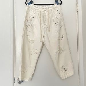 Free People White Distressed Drawstring Jeans, Utility Pants, Size Medium